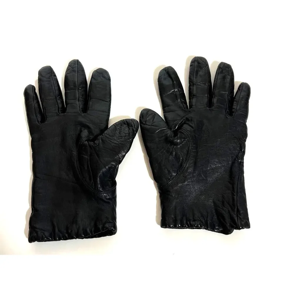 Van Raalte Black Leather Gloves 1980s Vintage Medium Knit Lining Vintage Retro
